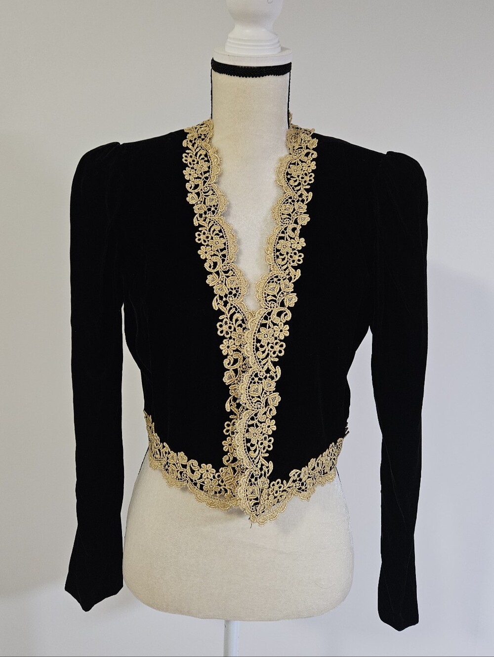 Vintage Jessica McClintock Black Velvet Evening Jacket Gold Trim Medium